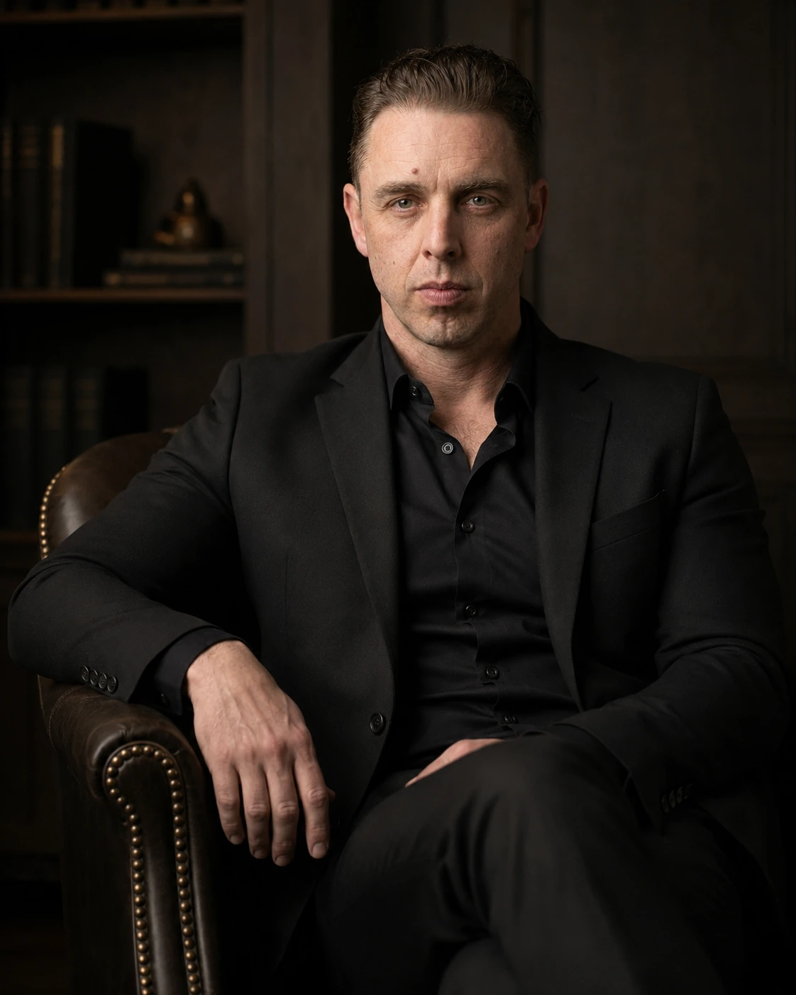 Audrius Cerkasovas seated in a dark leather chair wearing a black suit.