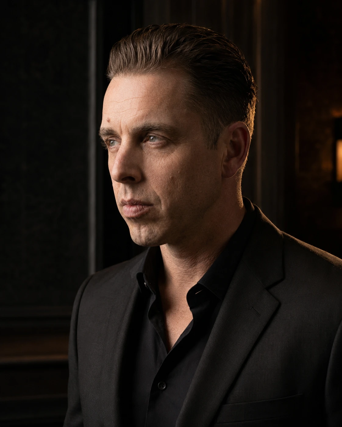 Dramatic three-quarter profile portrait of Audrius Cerkasovas in a dark suit.
