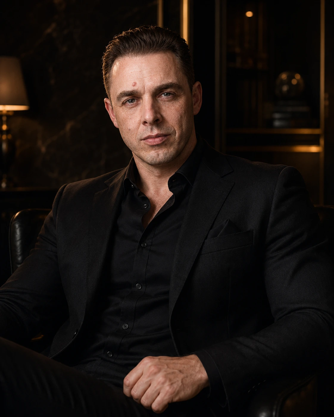 Audrius Cerkasovas in a black suit portrayed as a controlled powerful executive character.