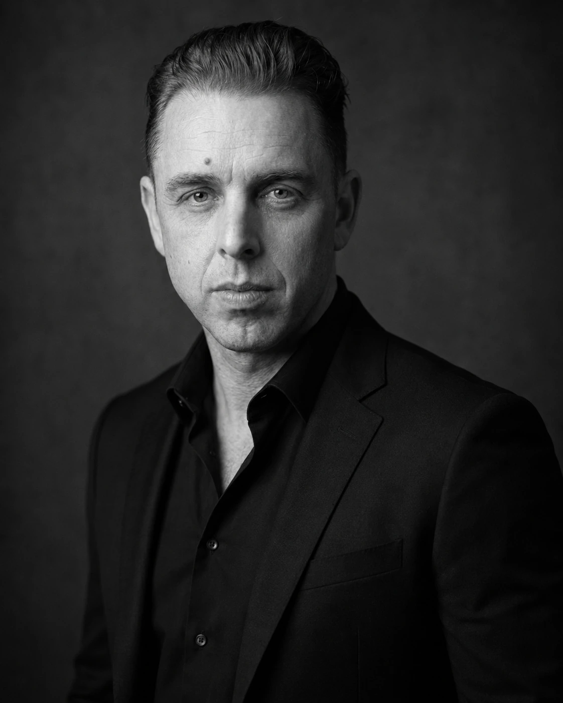 Black-and-white editorial actor portrait of Audrius Cerkasovas in a dark suit.