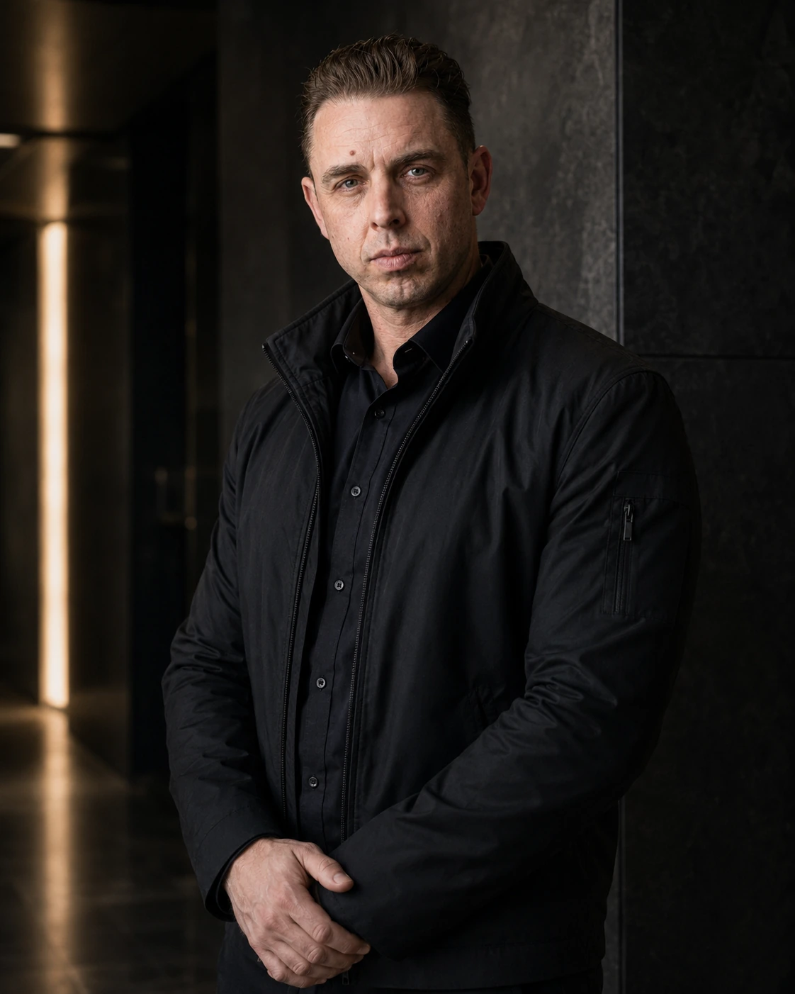 Audrius Cerkasovas in dark practical clothing portrayed as a disciplined security character.