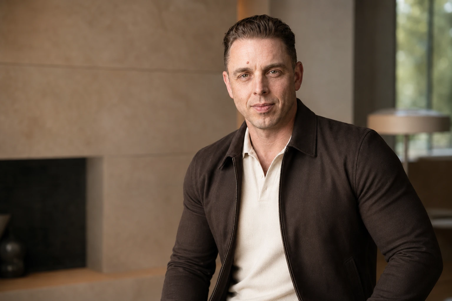 Audrius Cerkasovas in a brown jacket and cream shirt in a bright premium interior.
