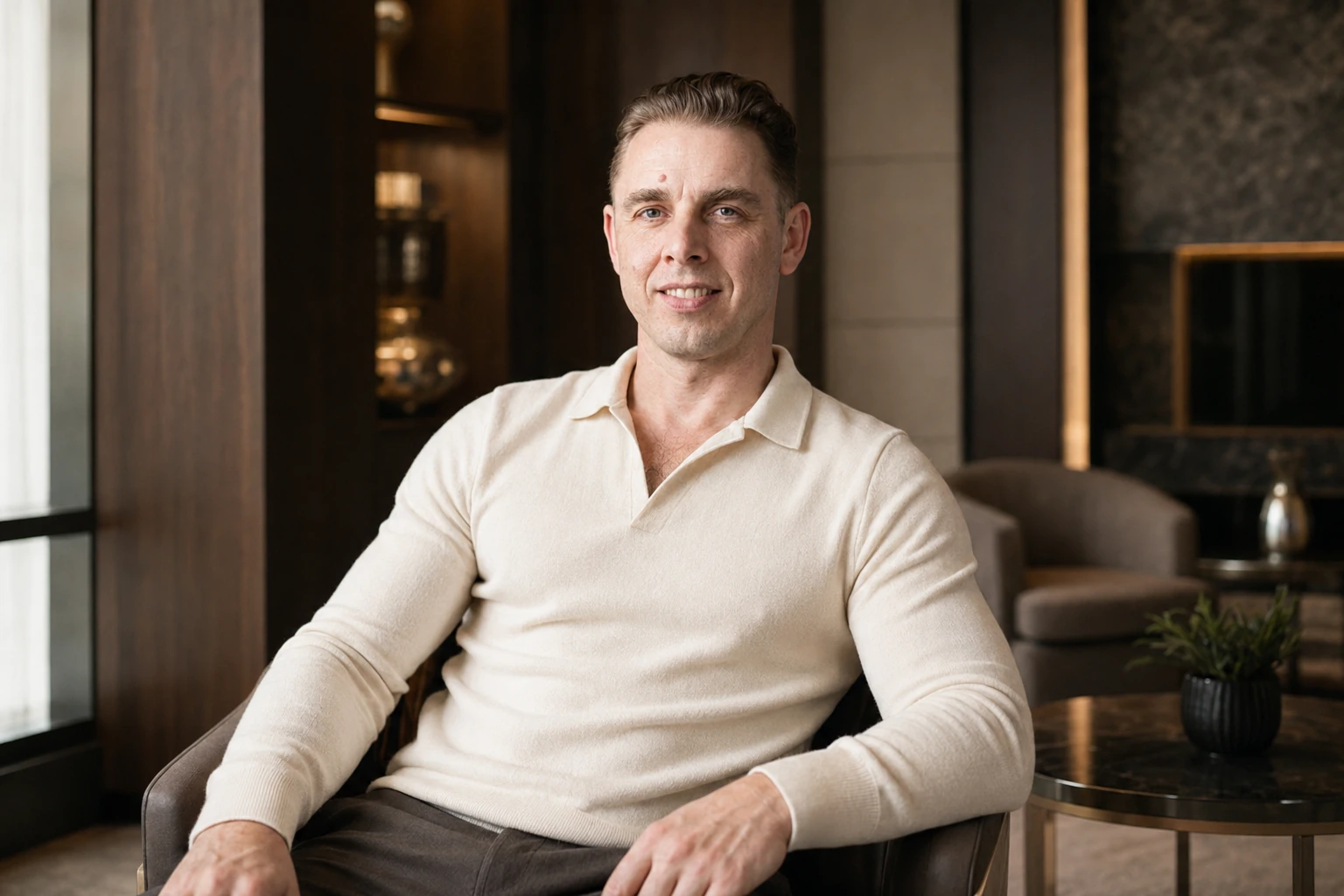 Audrius Cerkasovas seated in a modern luxury lounge wearing a cream knit polo.
