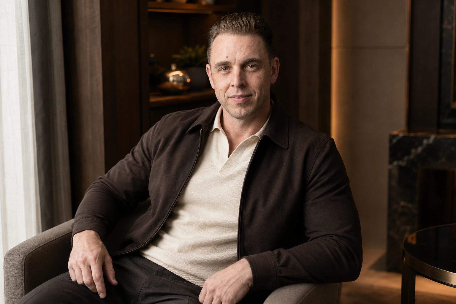 Audrius Cerkasovas seated in a premium interior wearing a cream polo and dark brown jacket.