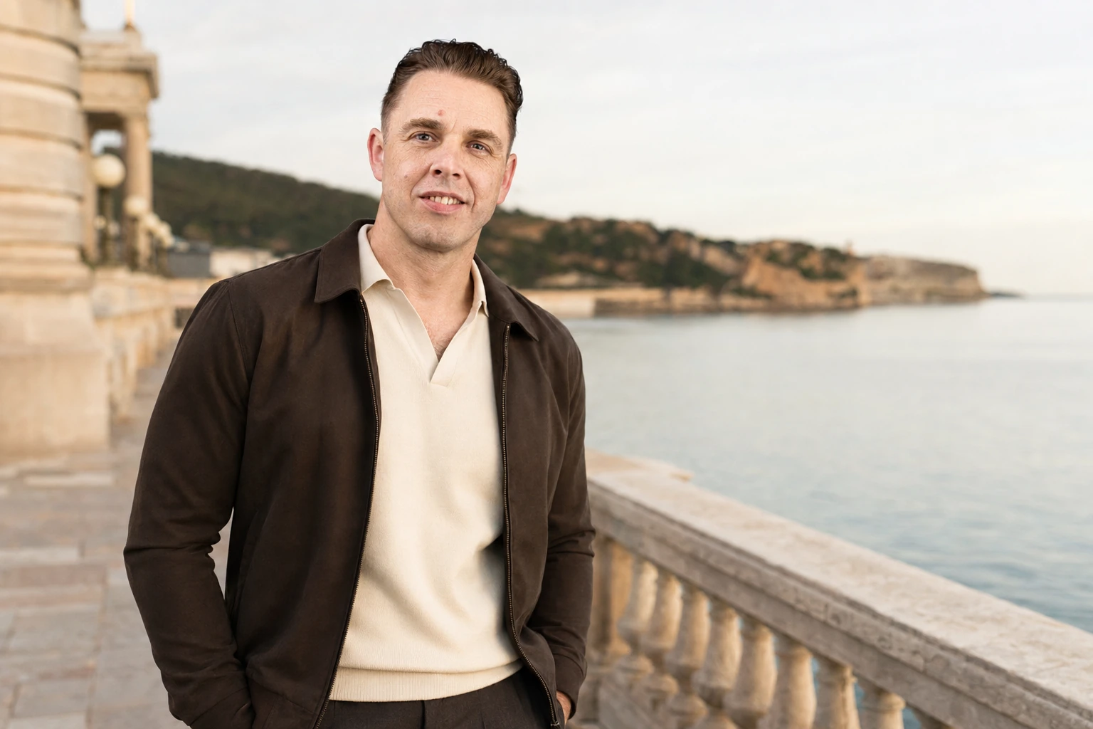 Audrius Cerkasovas in smart-casual clothing on an elegant coastal promenade.