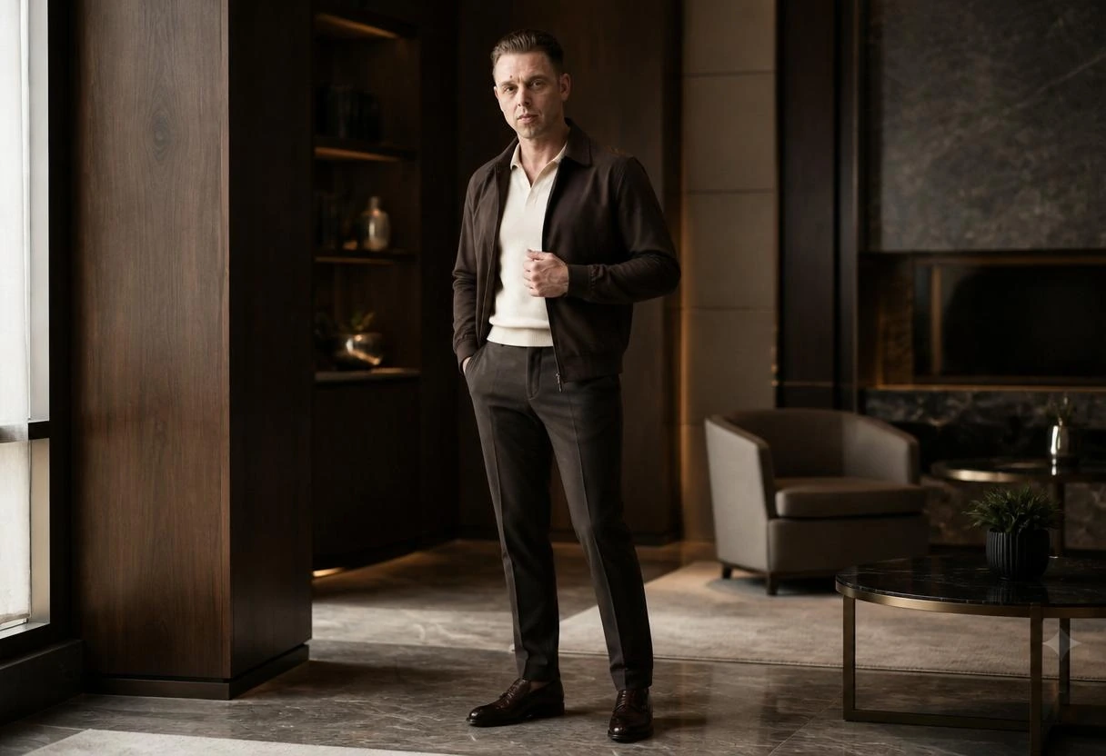 Audrius Cerkasovas in premium smart-casual clothing in a dark luxury interior.