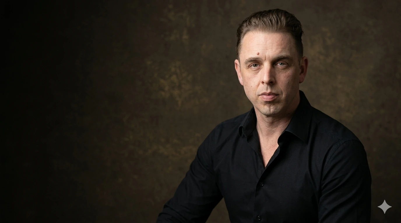 Audrius Cerkasovas in a black shirt against a dark brown cinematic studio background.