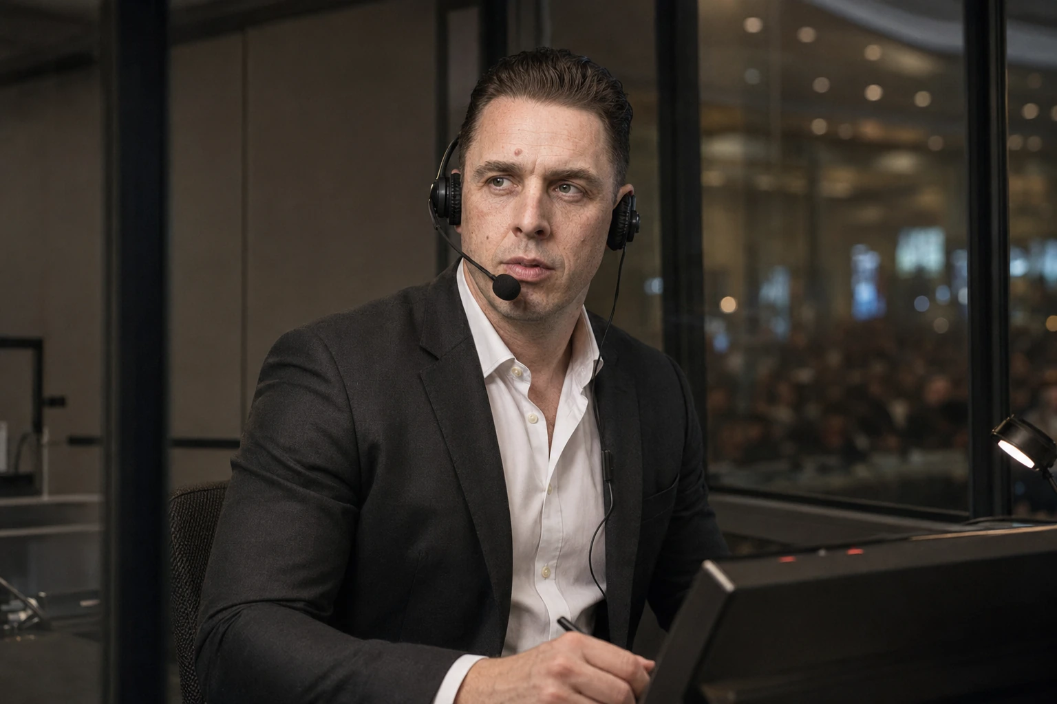 Audrius Cerkasovas working with a headset inside a professional conference interpretation booth.