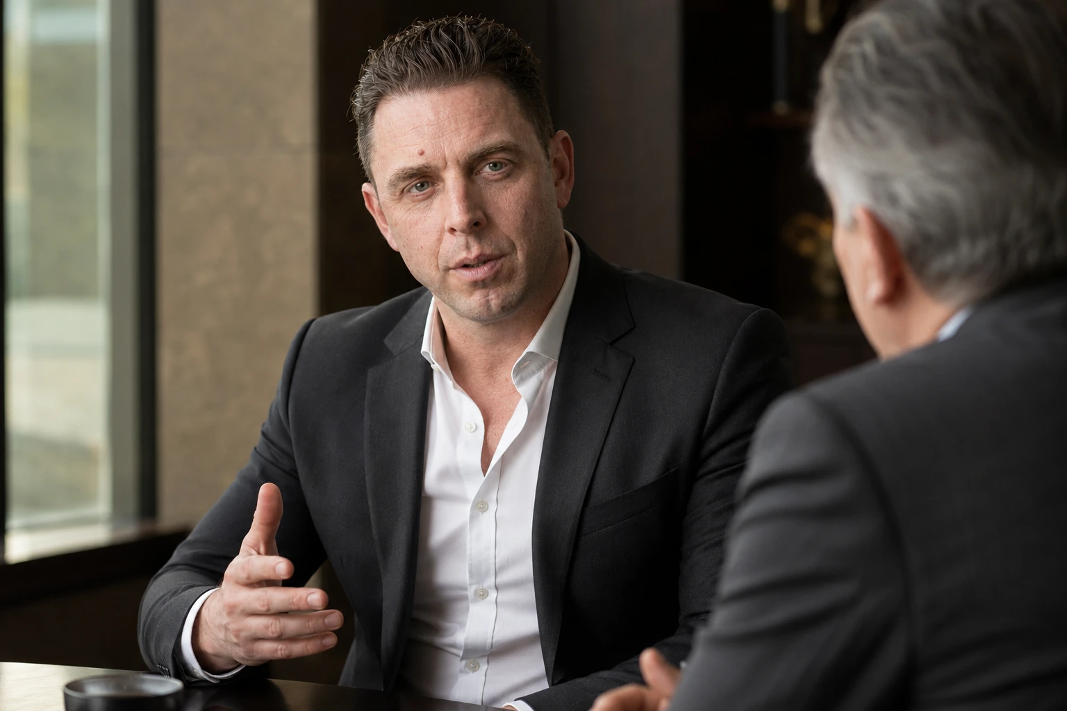 Audrius Cerkasovas speaking with another professional in a refined meeting environment.
