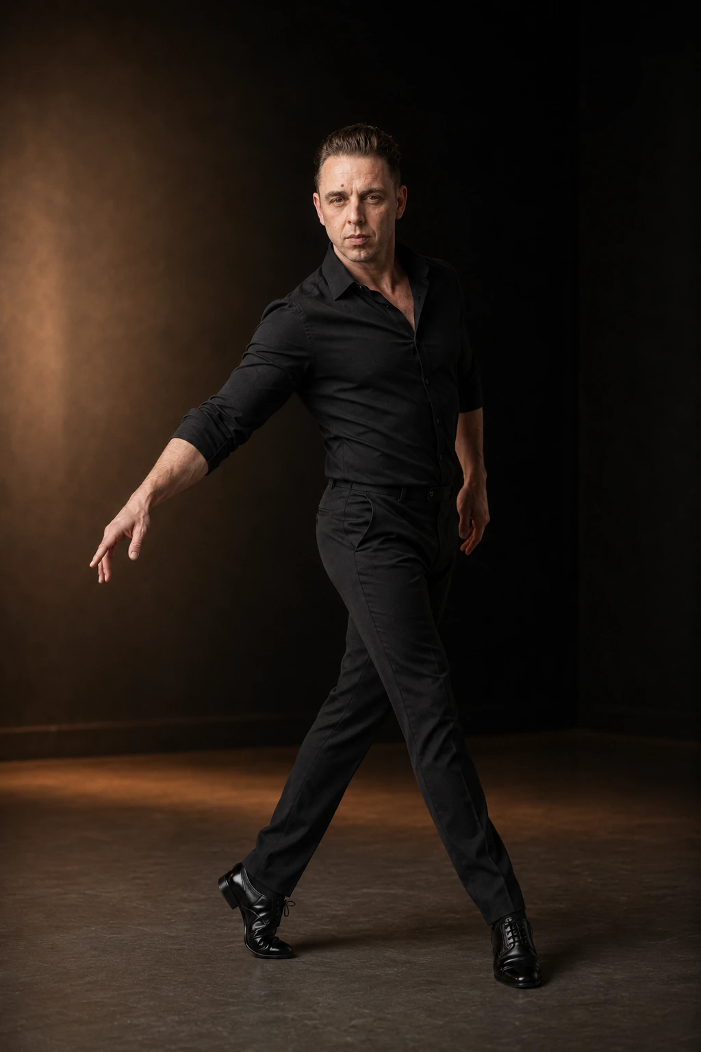 Audrius Cerkasovas captured in controlled dance movement in black performance clothing.