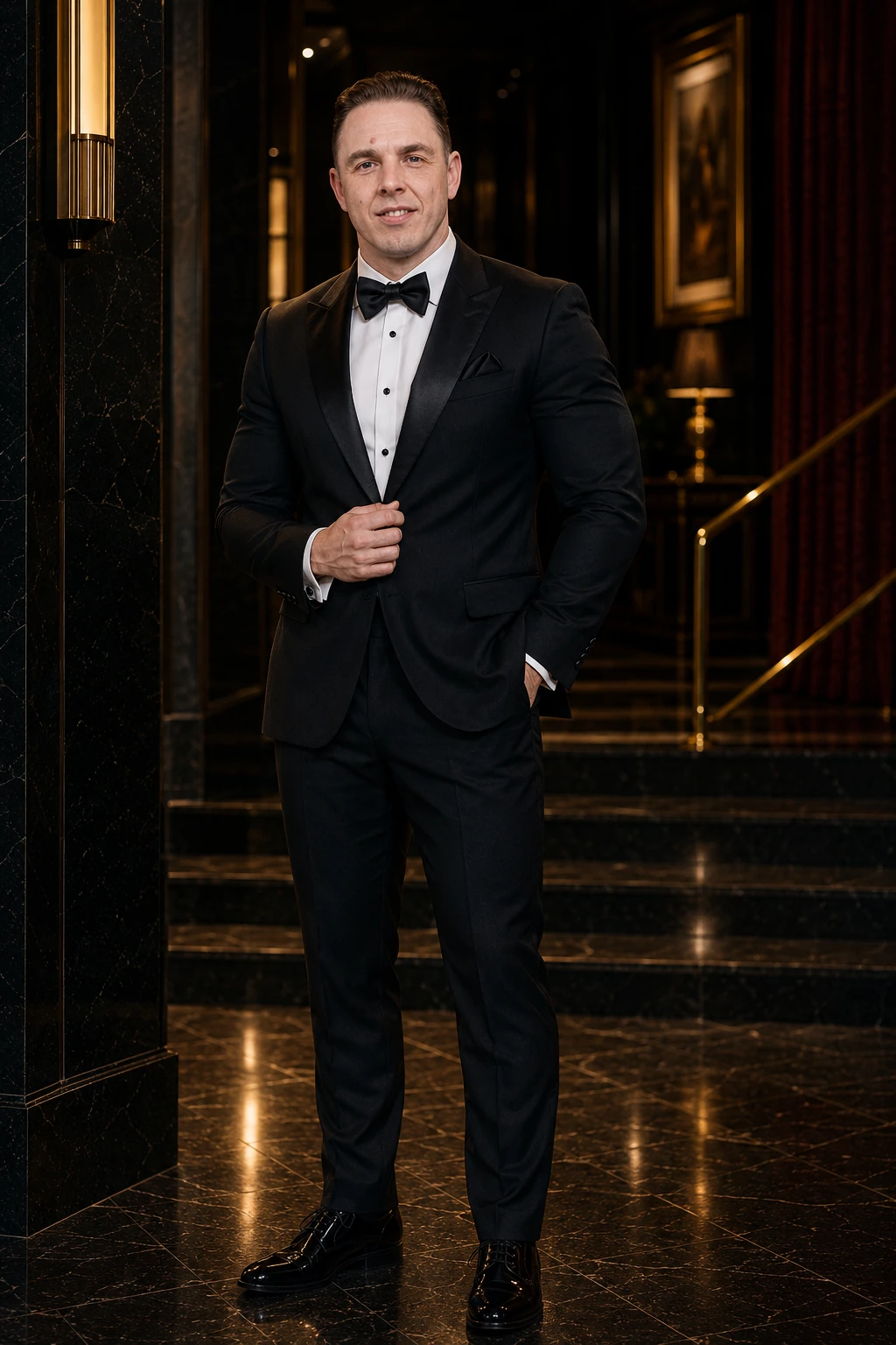 Audrius Cerkasovas wearing a black tuxedo in an elegant evening interior.