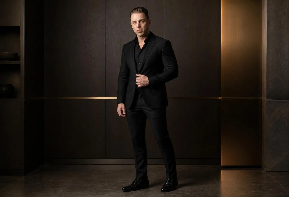 Audrius Cerkasovas standing in a tailored black suit in a premium dark architectural interior.
