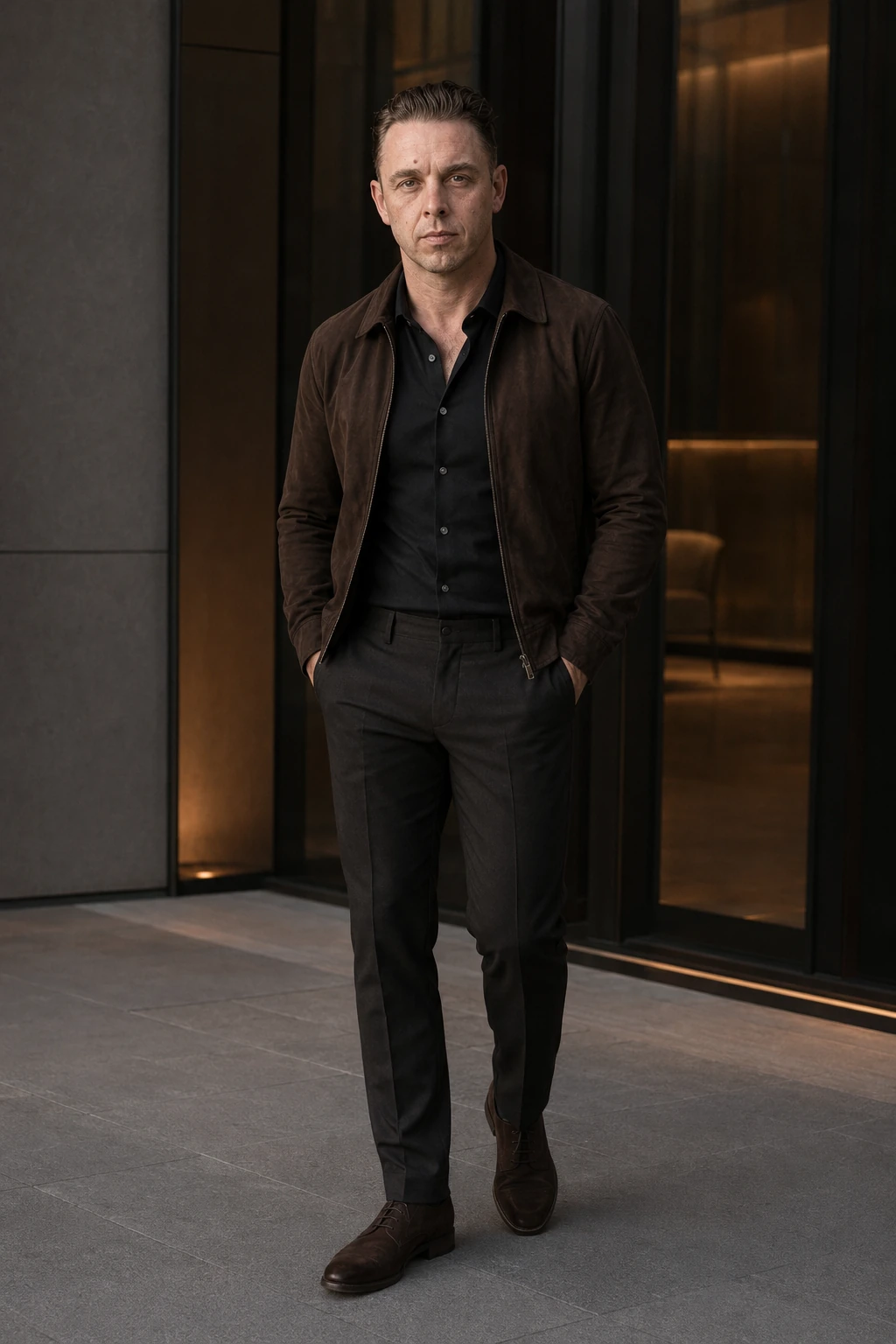 Audrius Cerkasovas in a dark brown jacket and tailored trousers in a modern architectural setting.