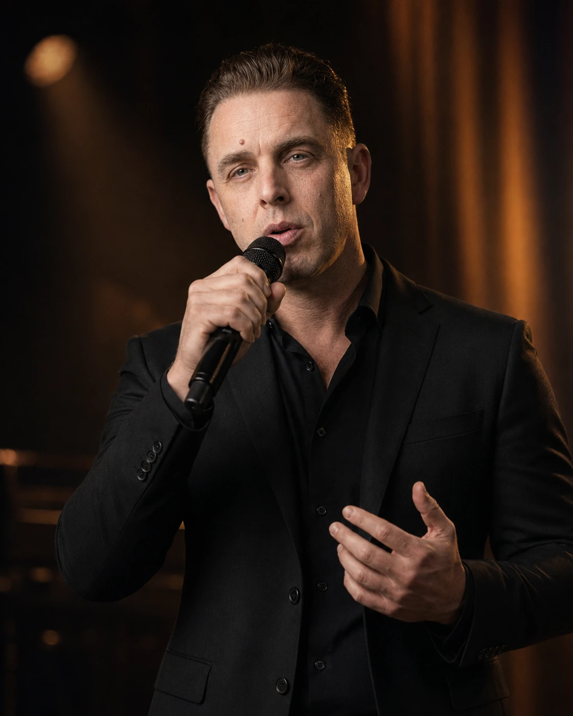 Audrius Cerkasovas performing as a singer with a handheld microphone on an intimate stage.