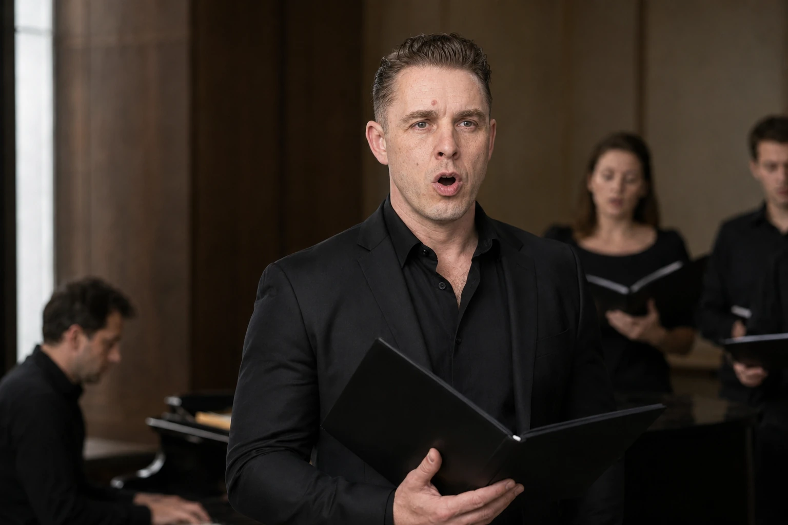 Audrius Cerkasovas singing during a classical vocal rehearsal with a music folder.