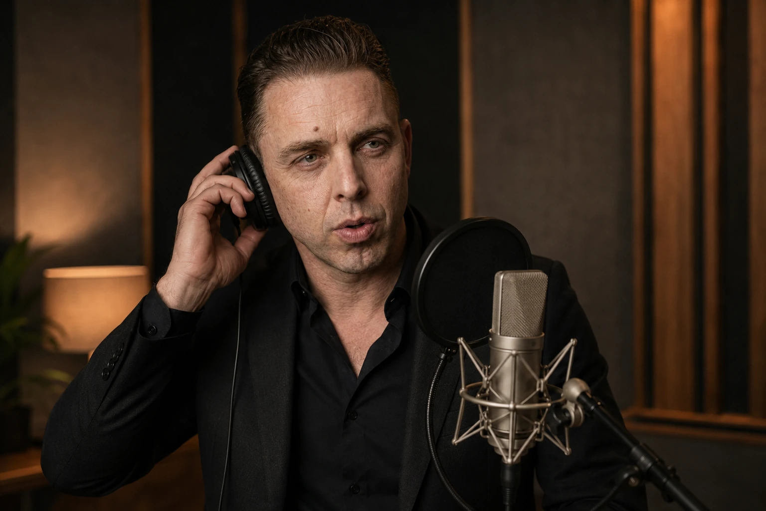 Audrius Cerkasovas recording voice-over at a professional studio microphone.
